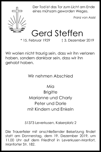 Anzeige von Gerd Steffen von Kölner Stadt-Anzeiger / Kölnische Rundschau / Express