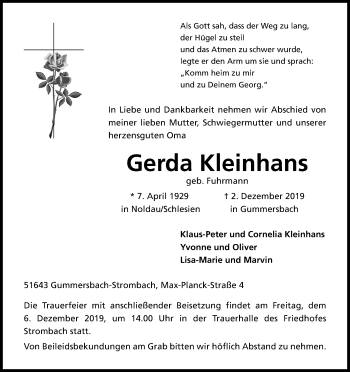 Anzeige von Gerda Kleinhans von Kölner Stadt-Anzeiger / Kölnische Rundschau / Express