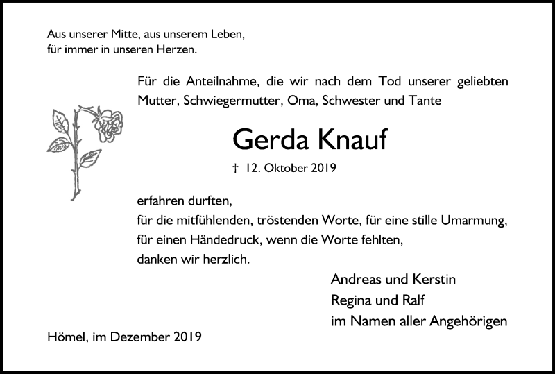  Traueranzeige für Gerda Knauf vom 21.12.2019 aus Kölner Stadt-Anzeiger / Kölnische Rundschau / Express