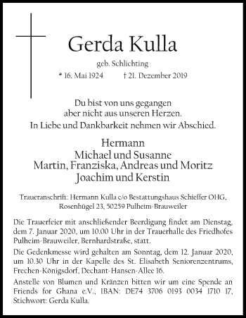 Anzeige von Gerda Kulla von Kölner Stadt-Anzeiger / Kölnische Rundschau / Express