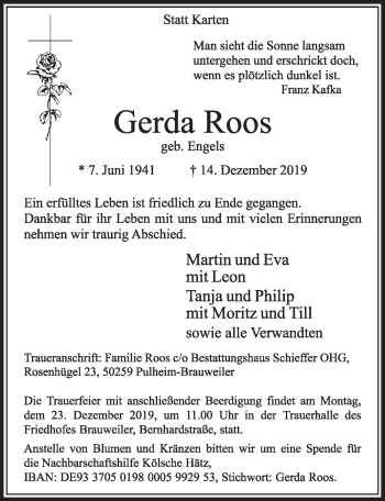 Anzeige von Gerda Roos von  Sonntags-Post 