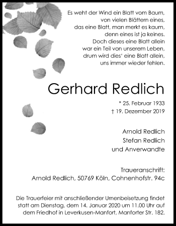Anzeige von Gerhard Redlich von Kölner Stadt-Anzeiger / Kölnische Rundschau / Express