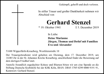 Anzeige von Gerhard Stenzel von Kölner Stadt-Anzeiger / Kölnische Rundschau / Express