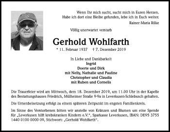 Anzeige von Gerhold Wohlfarth von Kölner Stadt-Anzeiger / Kölnische Rundschau / Express
