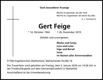 Anzeige von Gert Feige von Kölner Stadt-Anzeiger / Kölnische Rundschau / Express