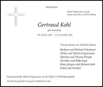 Anzeige von Gertraud Kohl von Kölner Stadt-Anzeiger / Kölnische Rundschau / Express