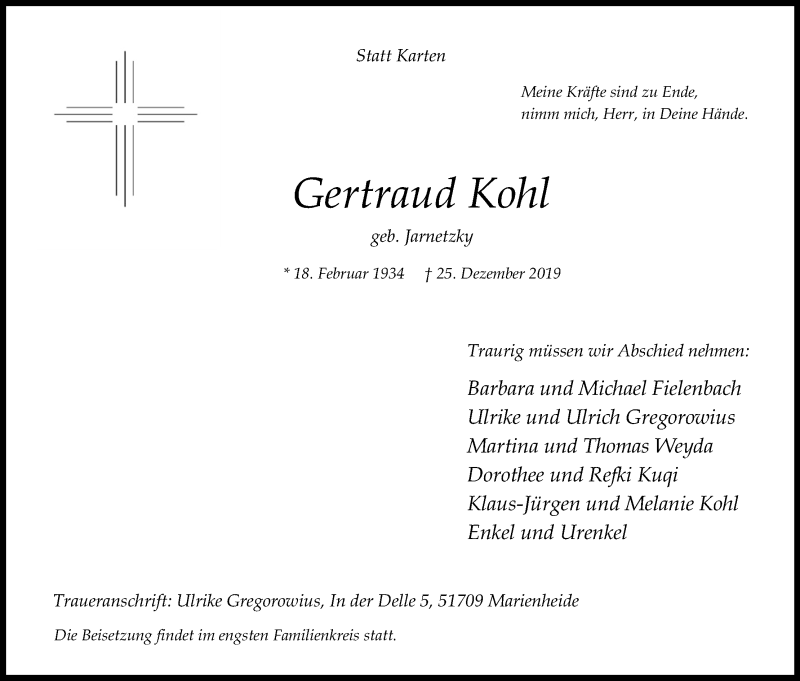  Traueranzeige für Gertraud Kohl vom 31.12.2019 aus Kölner Stadt-Anzeiger / Kölnische Rundschau / Express