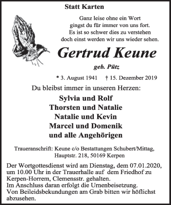 Anzeige von Gertrud Keune von  Sonntags-Post 