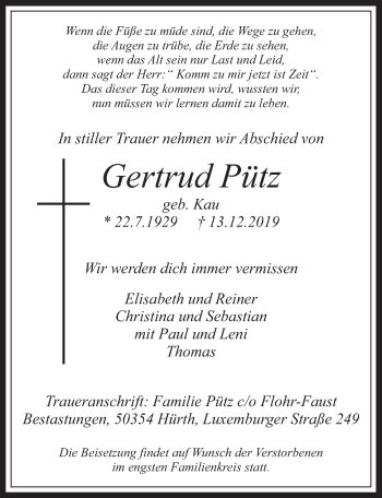 Anzeige von Gertrud Pütz von  Wochenende 