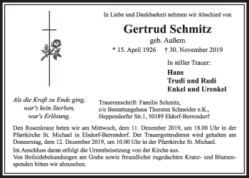 Anzeige von Gertrud Schmitz von  Sonntags-Post 