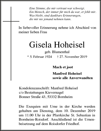 Anzeige von Gisela Hoheisel von  Schaufenster/Blickpunkt 