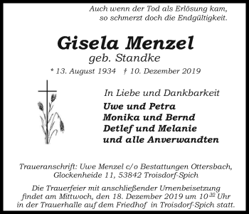 Anzeige von Gisela Menzel von Kölner Stadt-Anzeiger / Kölnische Rundschau / Express