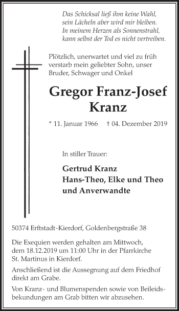 Anzeige von Gregor Franz-Josef Kranz von  Sonntags-Post 