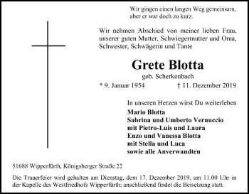 Anzeige von Grete Blotta von Kölner Stadt-Anzeiger / Kölnische Rundschau / Express
