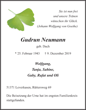 Anzeige von Gudrun Neumann von Kölner Stadt-Anzeiger / Kölnische Rundschau / Express