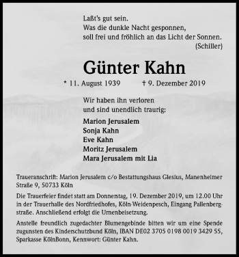 Anzeige von Günter Kahn von Kölner Stadt-Anzeiger / Kölnische Rundschau / Express