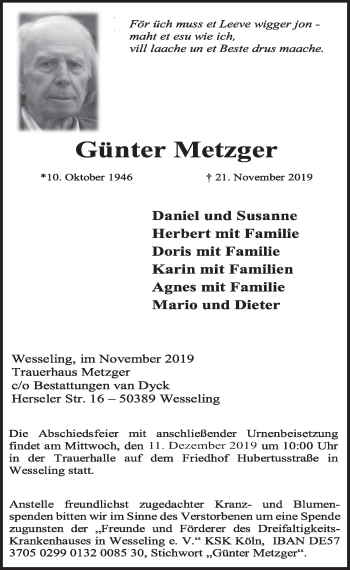 Anzeige von Günter Metzger von  Schlossbote/Werbekurier 