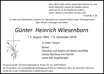 Anzeige von Günter Heinrich Wiesenborn von Kölner Stadt-Anzeiger / Kölnische Rundschau / Express