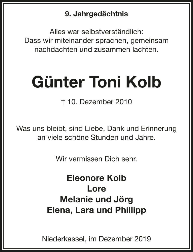  Traueranzeige für Günter Toni Kolb vom 11.12.2019 aus  Extra Blatt 