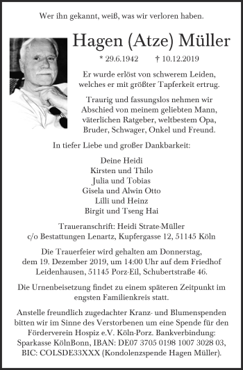 Anzeige von Hagen Müller von  Kölner Wochenspiegel 