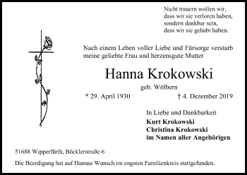 Anzeige von Hanna Krokowski von Kölner Stadt-Anzeiger / Kölnische Rundschau / Express