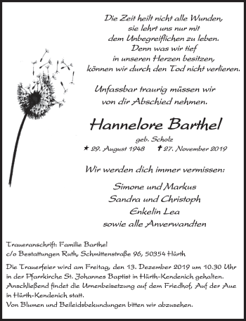 Anzeige von Hannelore Barthel von  Wochenende 