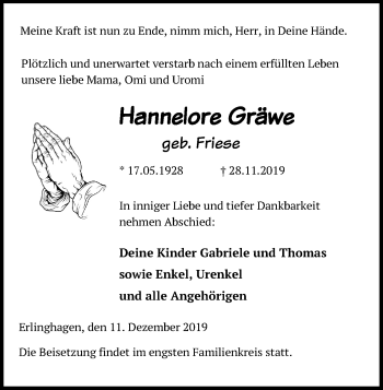 Anzeige von Hannelore Gräwe von Kölner Stadt-Anzeiger / Kölnische Rundschau / Express