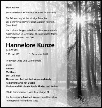 Anzeige von Hannelore Kunze von Kölner Stadt-Anzeiger / Kölnische Rundschau / Express