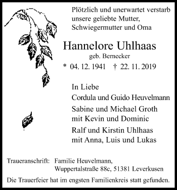 Anzeige von Hannelore Uhlhaas von Kölner Stadt-Anzeiger / Kölnische Rundschau / Express