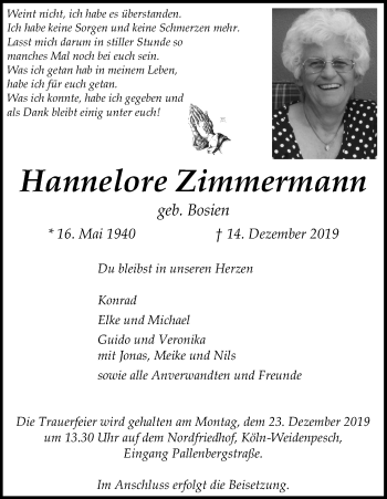 Anzeige von Hannelore Zimmermann von Kölner Stadt-Anzeiger / Kölnische Rundschau / Express