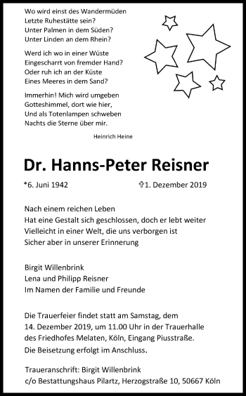 Anzeige von Hanns-Peter Reisner von Kölner Stadt-Anzeiger / Kölnische Rundschau / Express