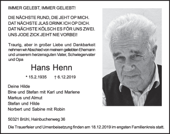 Anzeige von Hans Henn von  Schlossbote/Werbekurier 
