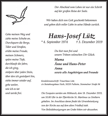 Anzeige von Hans-Josef Lütz von  Sonntags-Post 