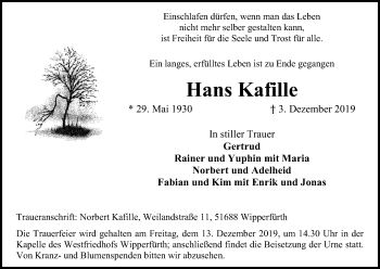 Anzeige von Hans Kafille von Kölner Stadt-Anzeiger / Kölnische Rundschau / Express