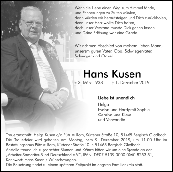 Anzeige von Hans Kusen von Kölner Stadt-Anzeiger / Kölnische Rundschau / Express