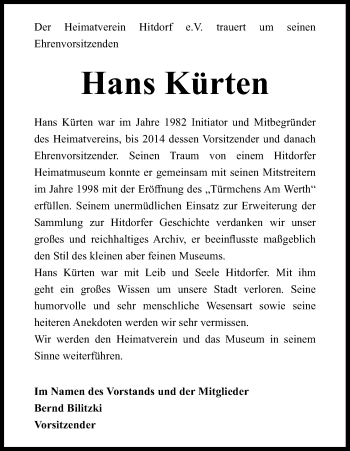Anzeige von Hans Kürten von Kölner Stadt-Anzeiger / Kölnische Rundschau / Express
