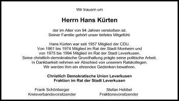 Anzeige von Hans Kürten von Kölner Stadt-Anzeiger / Kölnische Rundschau / Express