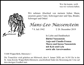 Anzeige von Hans-Leo Nassenstein von Kölner Stadt-Anzeiger / Kölnische Rundschau / Express