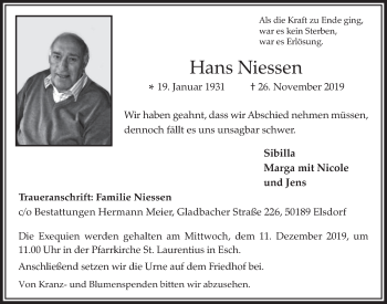 Anzeige von Hans Niessen von  Werbepost 