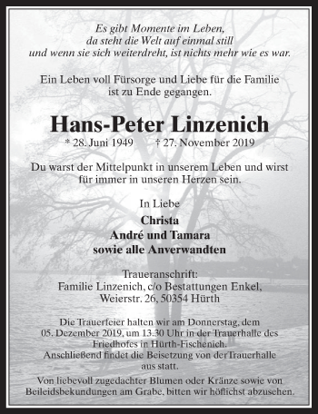 Anzeige von Hans-Peter Linzenich von  Wochenende 