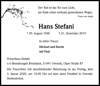 Anzeige von Hans Stefani von Kölner Stadt-Anzeiger / Kölnische Rundschau / Express