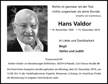 Anzeige von Hans Valdor von Kölner Stadt-Anzeiger / Kölnische Rundschau / Express