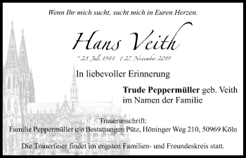 Anzeige von Hans Veith von Kölner Stadt-Anzeiger / Kölnische Rundschau / Express