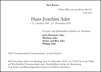 Anzeige von Hans Joachim Ader von Kölner Stadt-Anzeiger / Kölnische Rundschau / Express