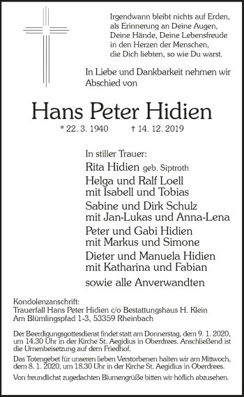 Anzeige von Hans Peter Hidien von  Schaufenster/Blickpunkt 