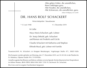 Anzeige von Hans Rolf Schackert von Kölner Stadt-Anzeiger / Kölnische Rundschau / Express