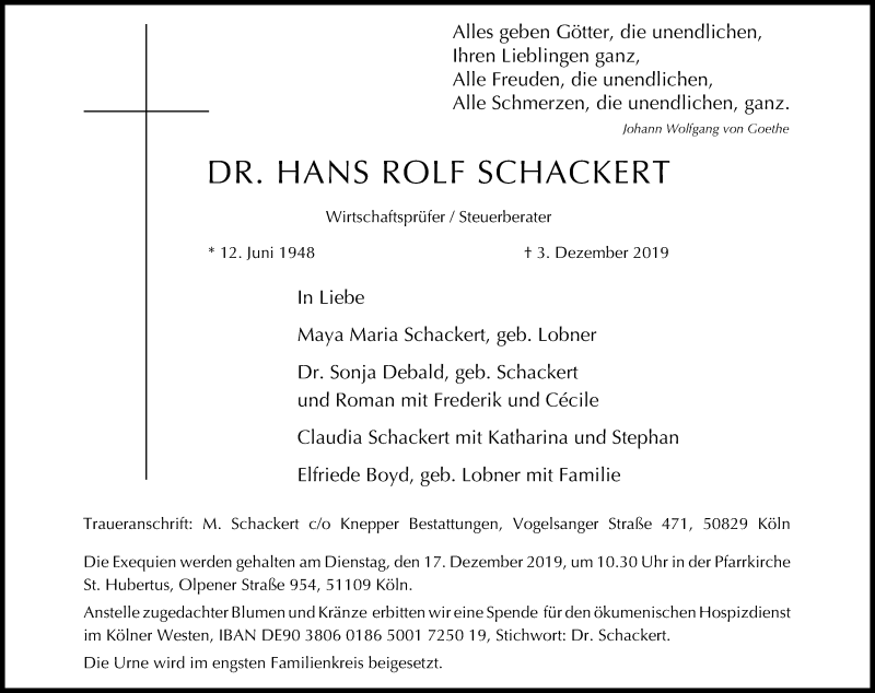  Traueranzeige für Hans Rolf Schackert vom 11.12.2019 aus Kölner Stadt-Anzeiger / Kölnische Rundschau / Express