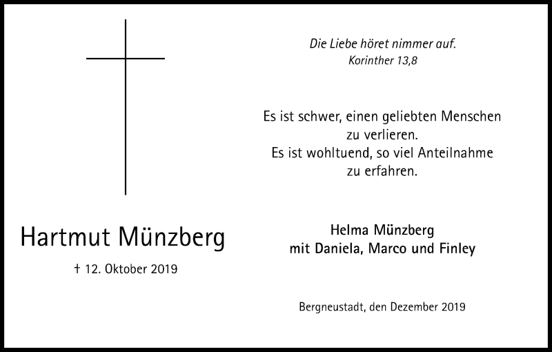  Traueranzeige für Hartmut Münzberg vom 21.12.2019 aus Kölner Stadt-Anzeiger / Kölnische Rundschau / Express
