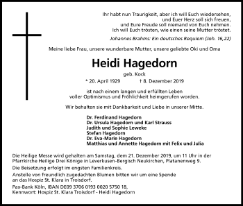Anzeige von Heidi Hagedorn von Kölner Stadt-Anzeiger / Kölnische Rundschau / Express