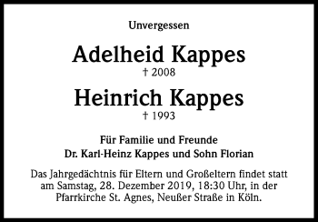 Anzeige von Heinrich Kappes von Kölner Stadt-Anzeiger / Kölnische Rundschau / Express